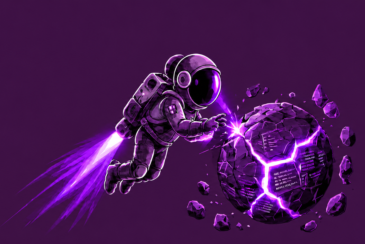 An astronaut repairing a glowing crack in a purple planet